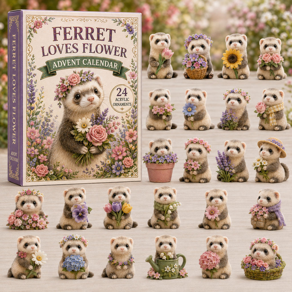 CHRISTMAS KICKOFF 40% OFF - Ferret Loves Flower Advent Calendar 2026 - 24-Day Festive Countdown, Acrylic Charms Blind Box - Gift For Ferret Lovers AC0TM132