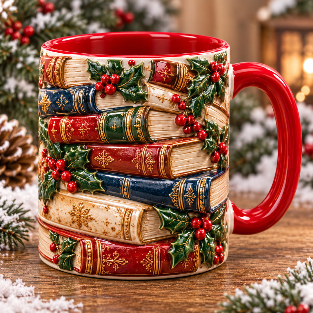 Festive Bookstack Christmas 3D Effect Printed Accent Mug NCU0HT304