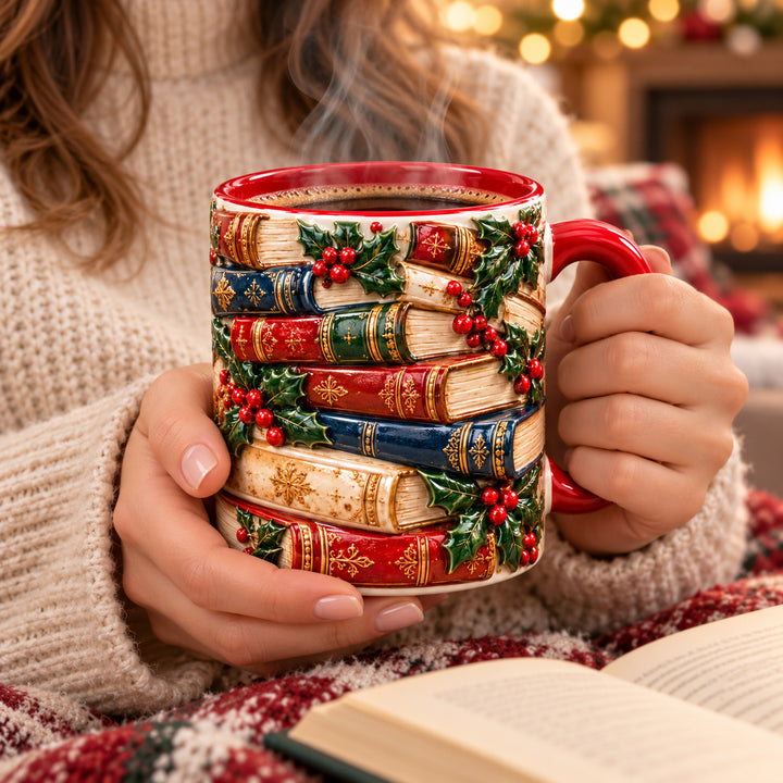 Festive Bookstack Christmas 3D Effect Printed Accent Mug NCU0HT304