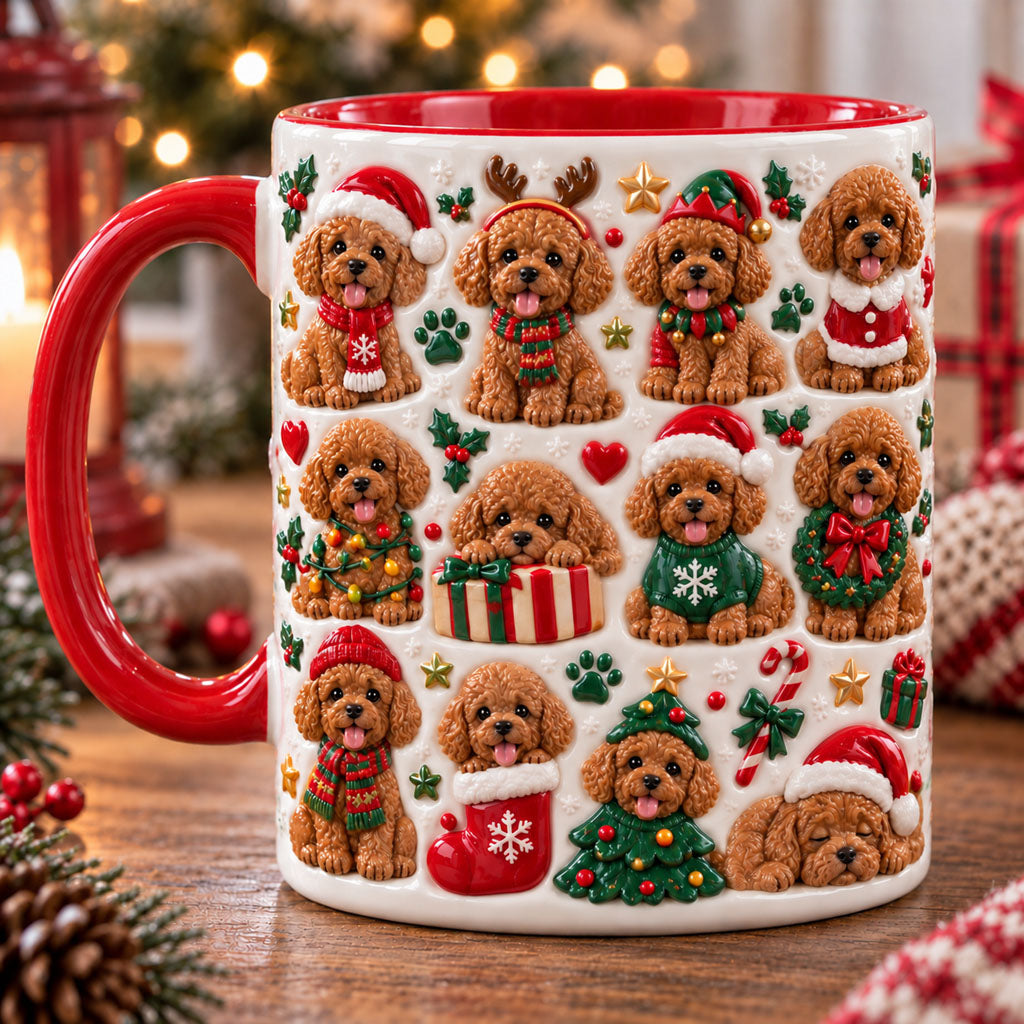 Festive Brown Poodle Christmas 3D Effect Printed Accent Mug NCU0TM159