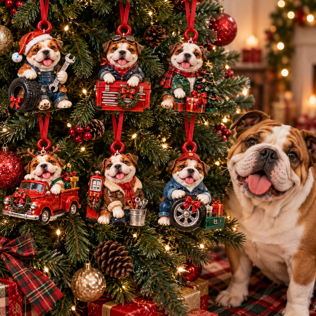 Festive Garage Bulldog Acrylic Ornament Gift Set NCU0HT243