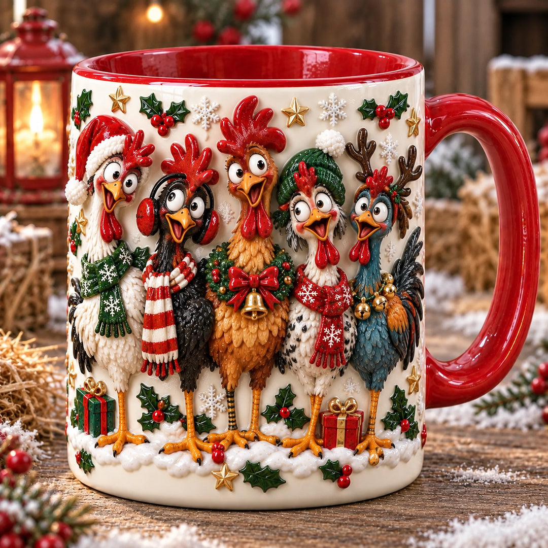 Festive Roosters Christmas 3D Effect Printed Accent Mug NCU0HT213