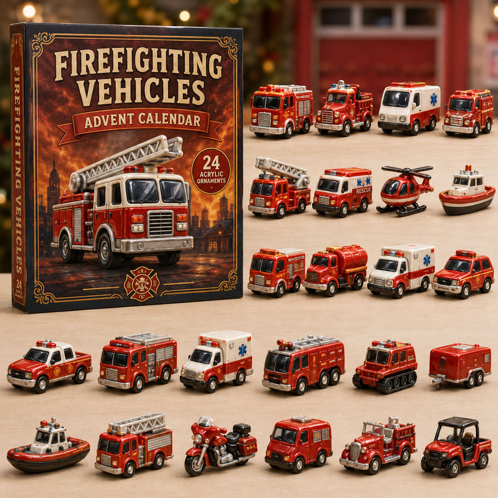 CHRISTMAS KICKOFF 40% OFF - Firefighting Vehicles Advent Calendar 2026 - 24-Day Festive Countdown, Acrylic Charms Blind Box - Gift For Firefighter AC0TM262