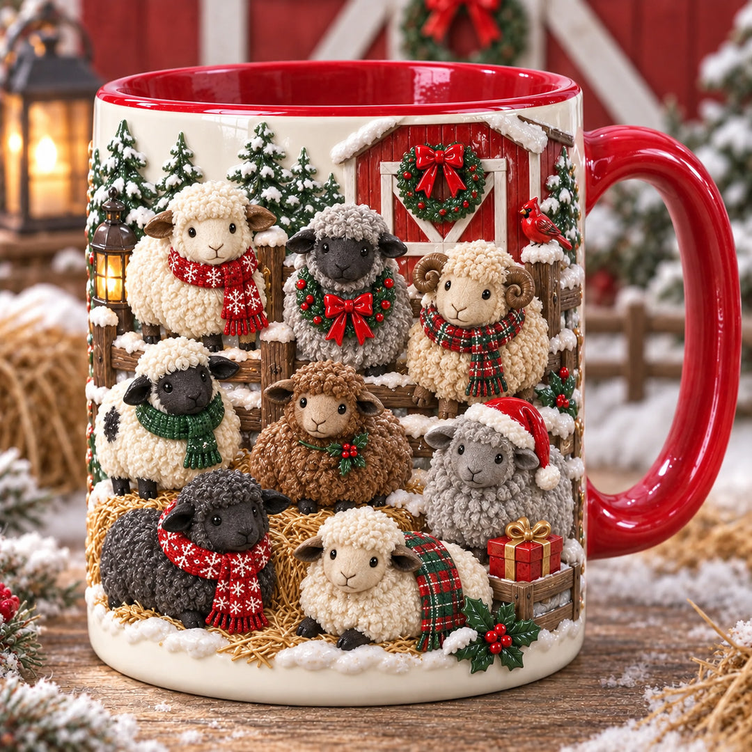 Happy Sheep Farm Christmas 3D Effect Printed Accent Mug NCU0HT216