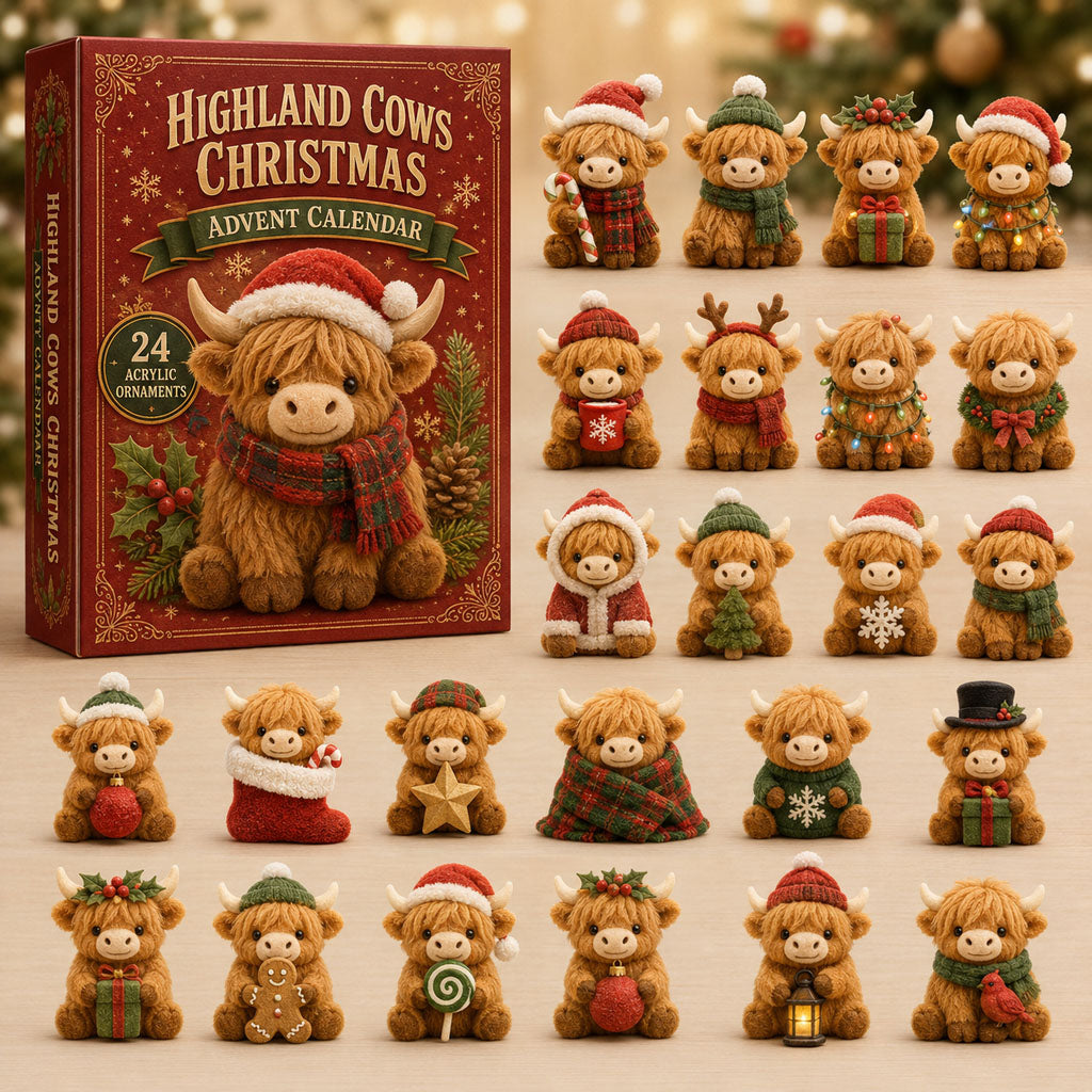 CHRISMAST KICKOFF 40% OFF - Highland Cow Christmas Advent Calendar 2026 - 24-Day Festive Countdown, Acrylic Charms Blind Box - Gift For Cow Lovers AC0TM114