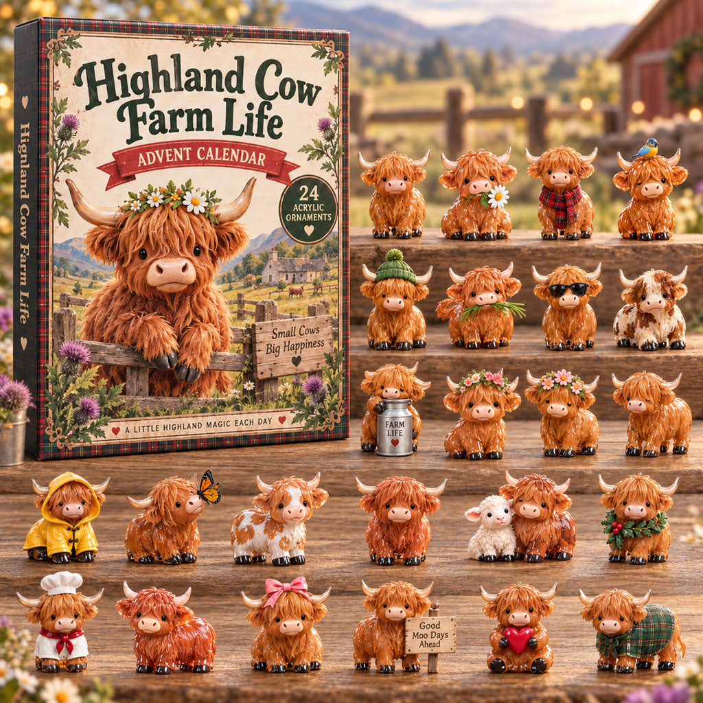 CHRISTMAS KICKOFF 40% OFF - Highland Cow Farm Life Advent Calendar 2026 - 24-Day Festive Countdown, Acrylic Charms Blind Box - Gift For Highland Cow Lovers AC0NT359