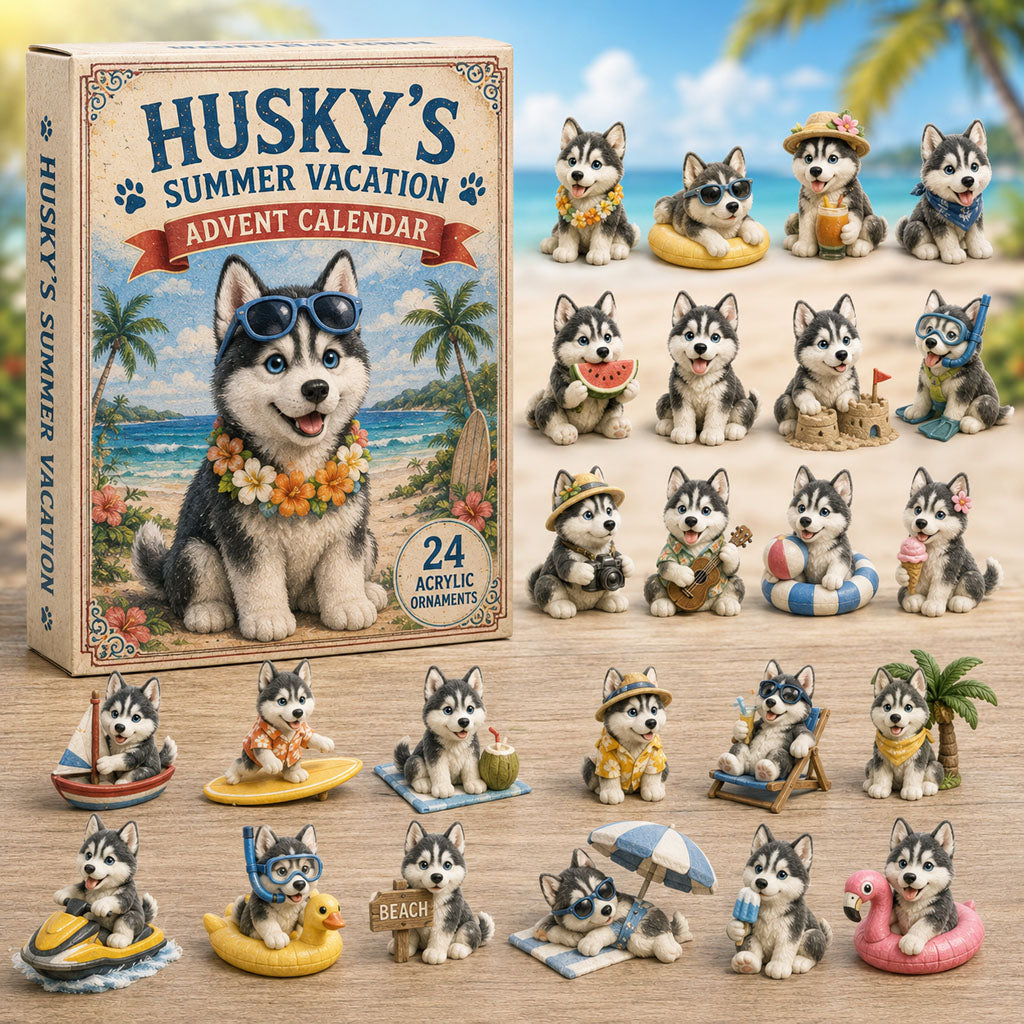 CHRISTMAS KICKOFF 40% OFF - Husky Summer Vacation Advent Calendar 2026 - 24-Day Festive Countdown, Acrylic Charms Blind Box - Gift For Dog Lovers AC0TM243