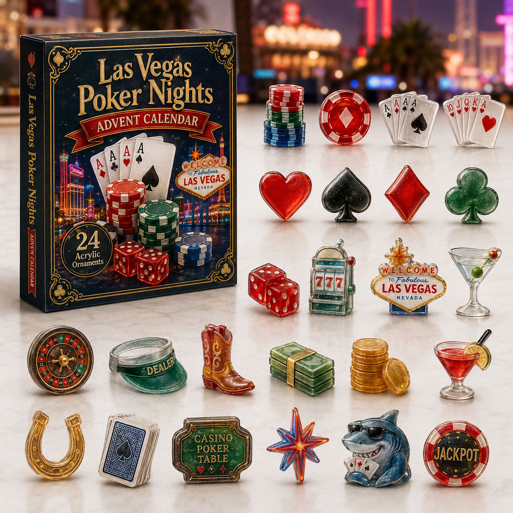 CHRISTMAS KICKOFF 40% OFF - Las Vegas Poker Night Advent Calendar 2026 - 24-Day Festive Countdown, Acrylic Charms Blind Box - Gift For Poker Lovers AC0TH015