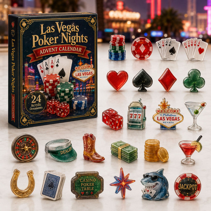CHRISTMAS KICKOFF 40% OFF - Las Vegas Poker Night Advent Calendar 2026 - 24-Day Festive Countdown, Acrylic Charms Blind Box - Gift For Poker Lovers AC0TH015