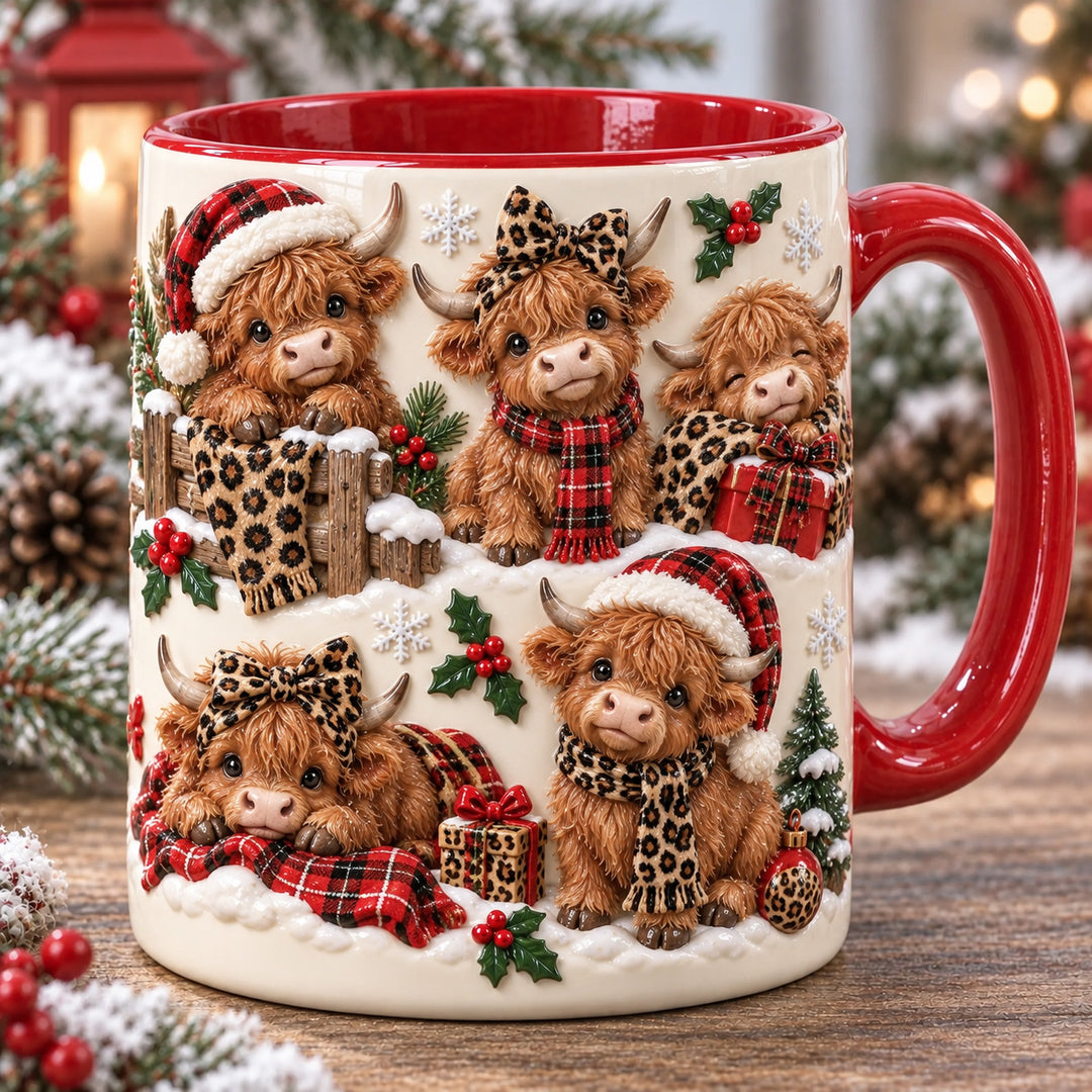 Leopard Highland Cows Christmas 3D Effect Printed Accent Mug NCU0HT218