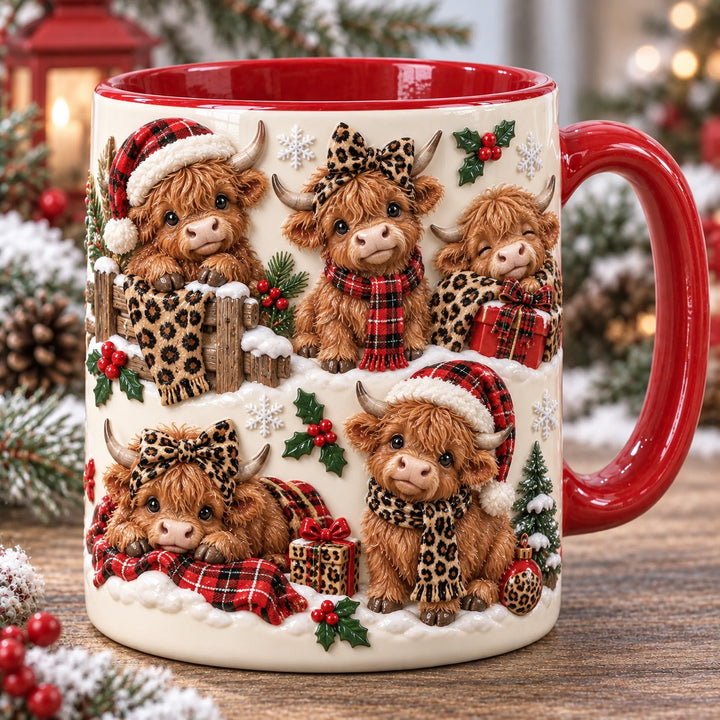 Leopard Highland Cows Christmas 3D Effect Printed Accent Mug NCU0HT218