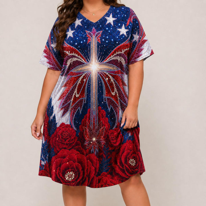 Liberty Bloom Short Sleeve V Neck Midi Dress NCU0DV153