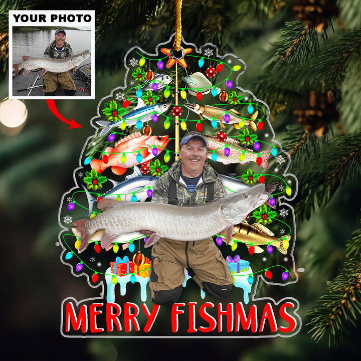 Fishing Lovers Merry Fishmas Christmas Tree - Personalized Photo Mica Ornament - Christmas, Birthday Gift For Fishing Lovers, Family Members, Mom, Dad, Brother, Sister UPL0HD011