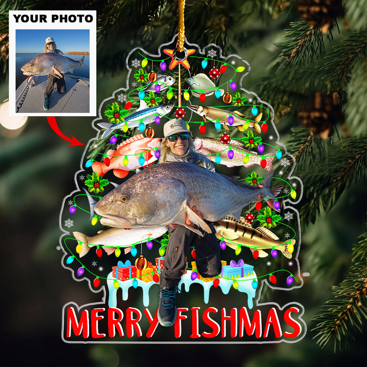 Fishing Lovers Merry Fishmas Christmas Tree - Personalized Photo Mica Ornament - Christmas, Birthday Gift For Fishing Lovers, Family Members, Mom, Dad, Brother, Sister UPL0HD011