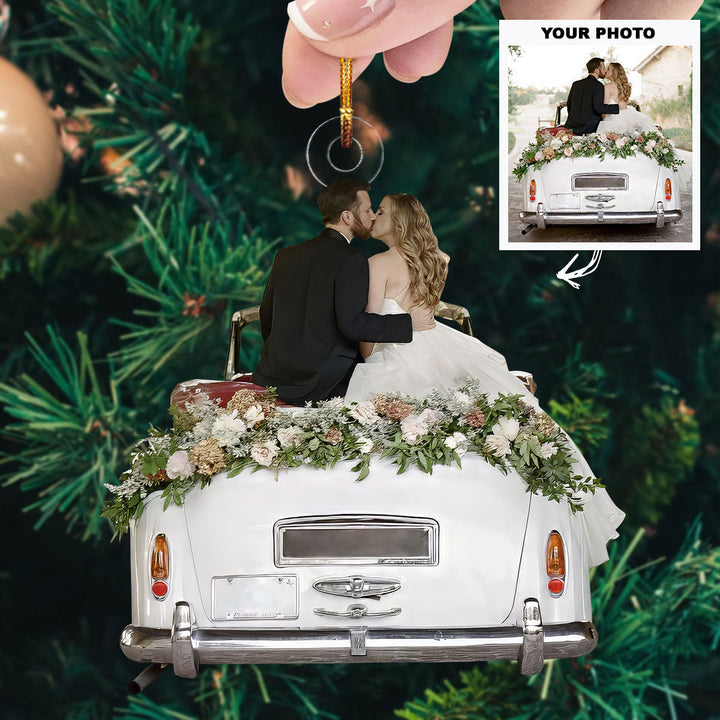Just Married Car Version - Personalized Photo Mica Ornament - Christmas, Anniversary Gift For Couple, Wedding Couple