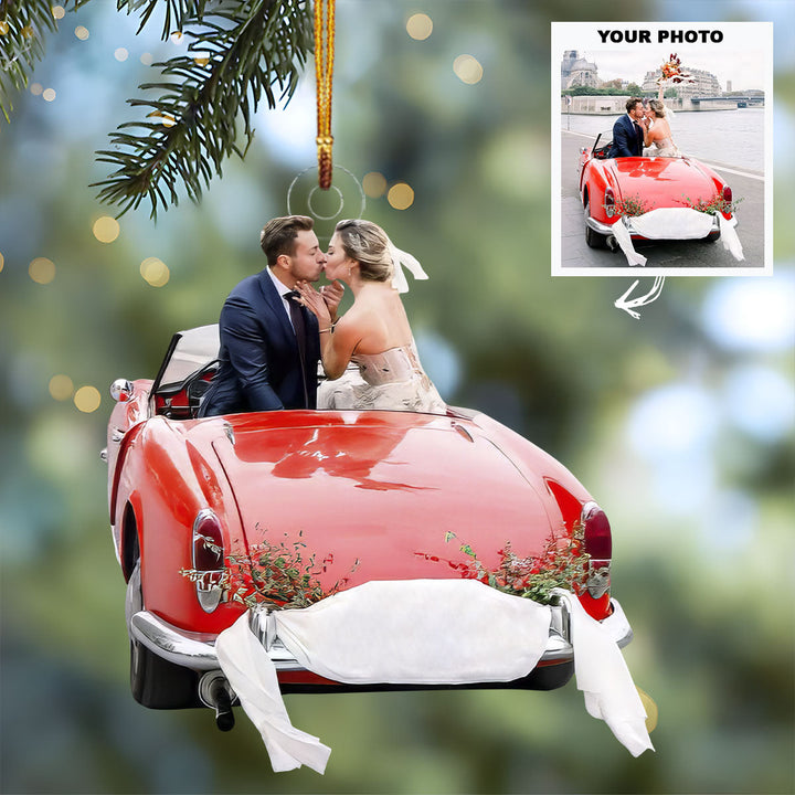 Just Married Car Version - Personalized Photo Mica Ornament - Christmas, Anniversary Gift For Couple, Wedding Couple