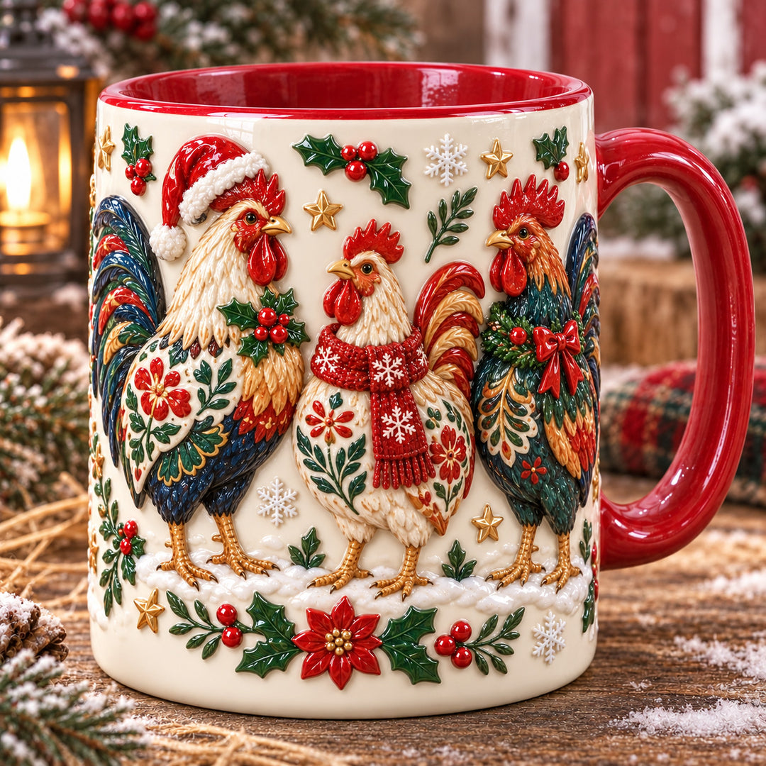 Merry Roosters Christmas 3D Effect Printed Accent Mug NCU0HT214