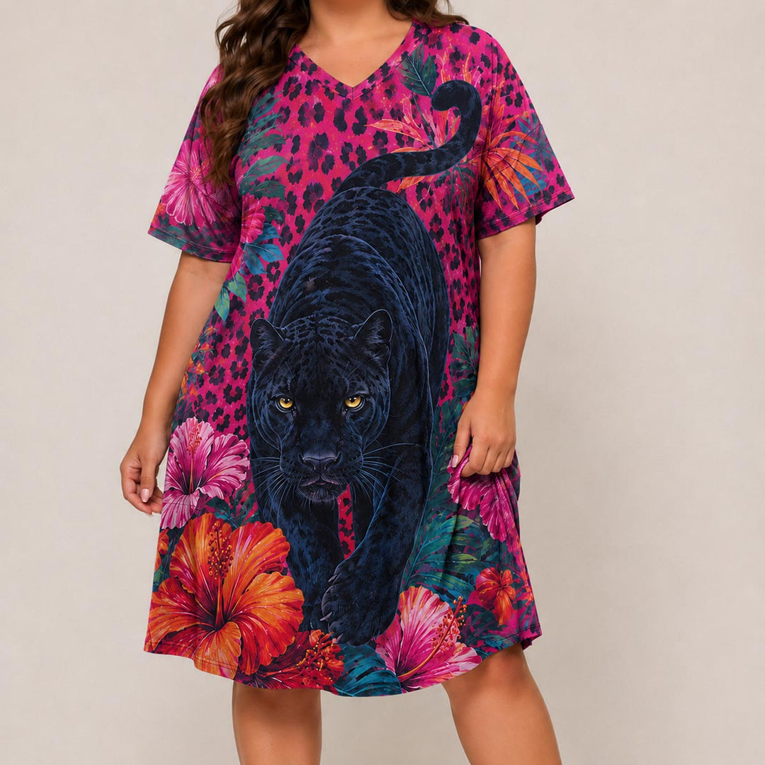 Midnight Blossom Short Sleeve V Neck Midi Dress NCU0DV154