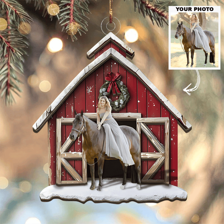 Horse Red Barn - Personalized Photo Mica Ornament - Christmas Gift For Horse Lovers UPL0PD049