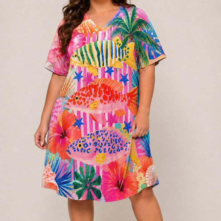 Paradise Fiesta Short Sleeve V Neck Midi Dress NCU0DV156