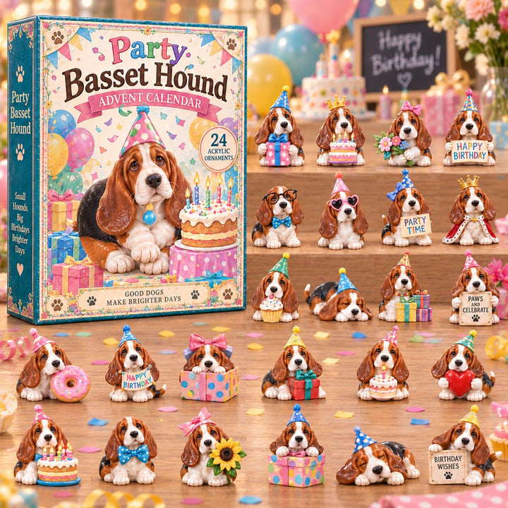CHRISTMAS KICKOFF 40% OFF - Party Basset Hound Advent Calendar 2026 - 24-Day Festive Countdown, Acrylic Charms Blind Box - Gift For Basset Hound Lovers AC0NT235