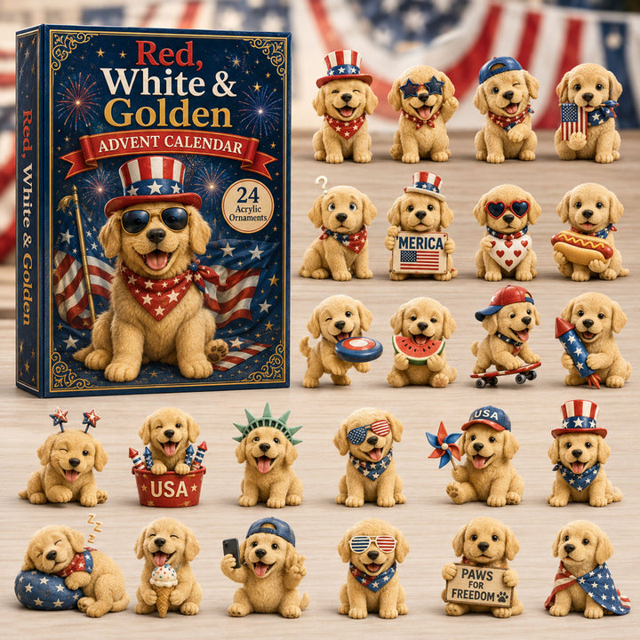 CHRISTMAS KICKOFF 40% OFF - Patriotic Golden Retriever Advent Calendar 2026 - 24-Day Festive Countdown, Acrylic Charms Blind Box - Gift For Golden Retriever Lovers AC0TH099