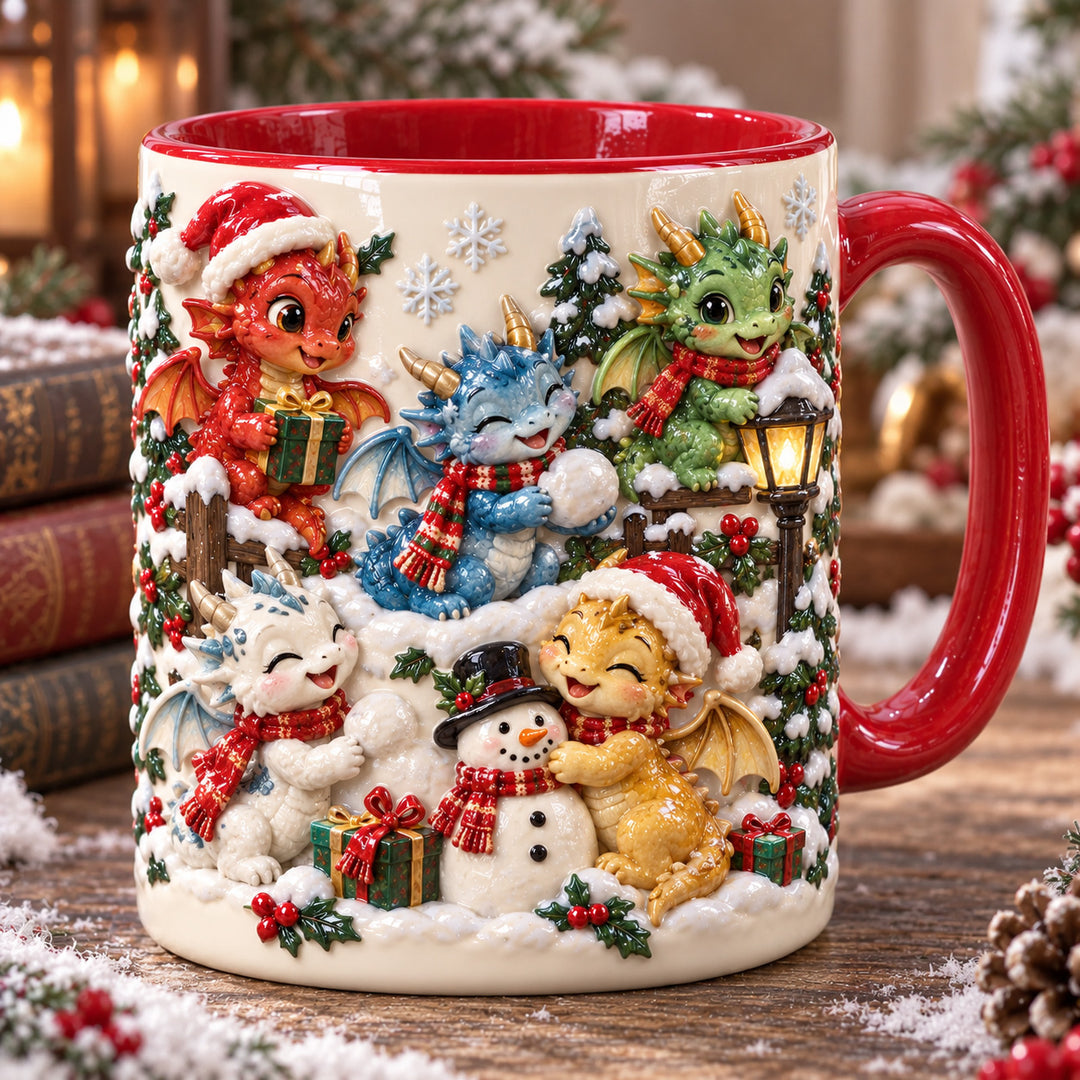 Playful Snow Dragons Christmas 3D Effect Printed Accent Mug NCU0HT197