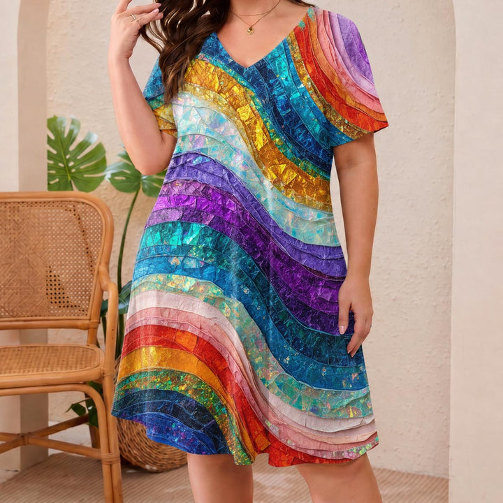 Rainbow Rush Short Sleeve V Neck Midi Dress NCU0DV145
