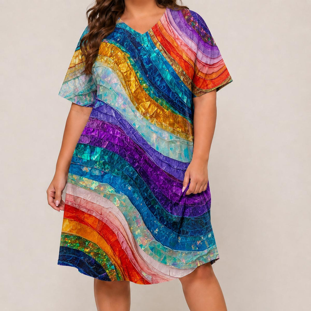 Rainbow Rush Short Sleeve V Neck Midi Dress NCU0DV145