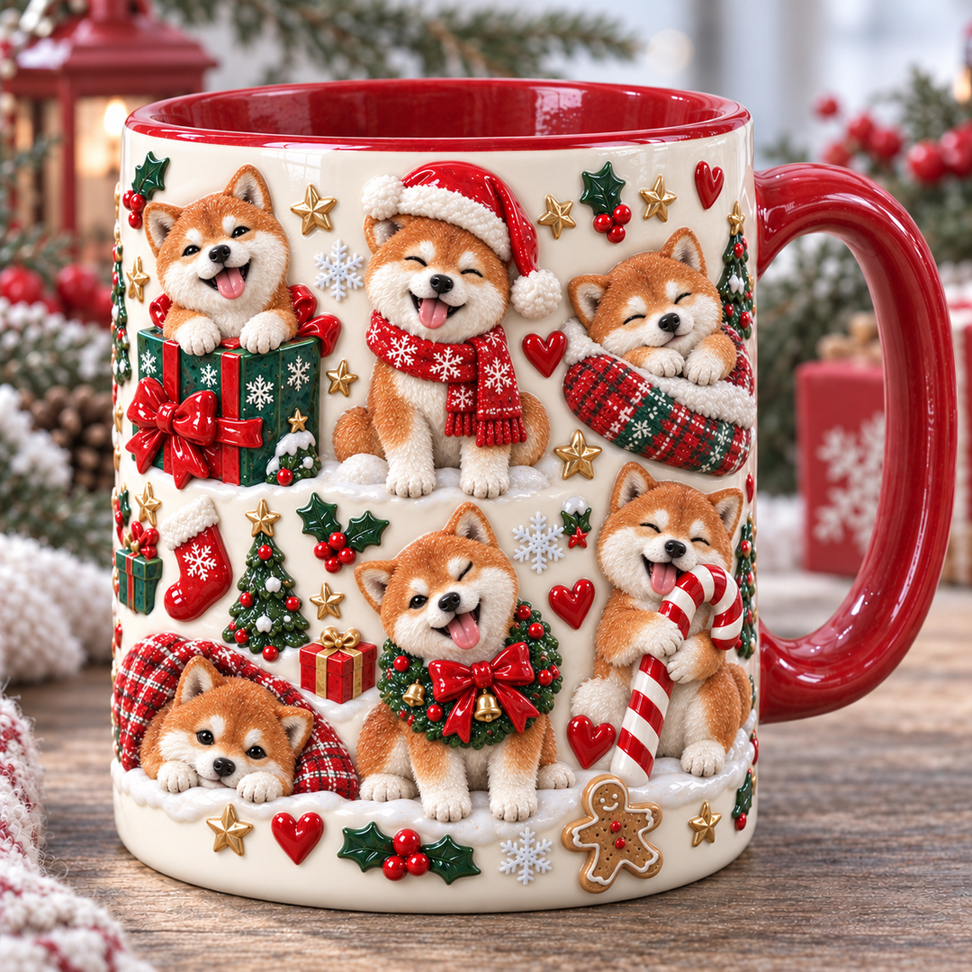 Red Shiba Inu Silly Moment Christmas 3D Effect Printed Accent Mug NCU0HA107