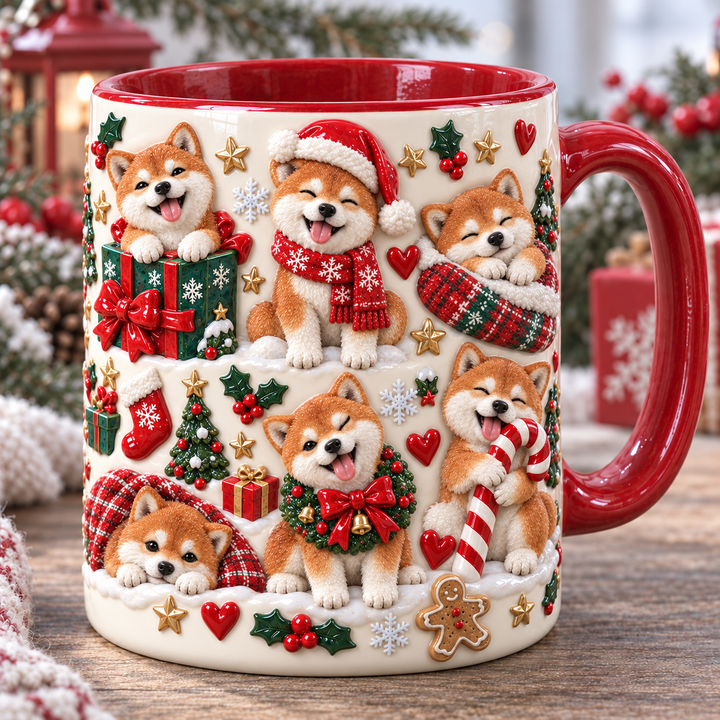 Red Shiba Inu Silly Moment Christmas 3D Effect Printed Accent Mug NCU0HA107