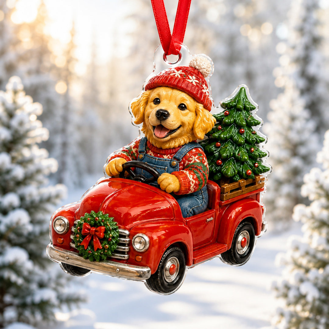 Red Truck Golden Retriever Mica Ornament NCU0HT020