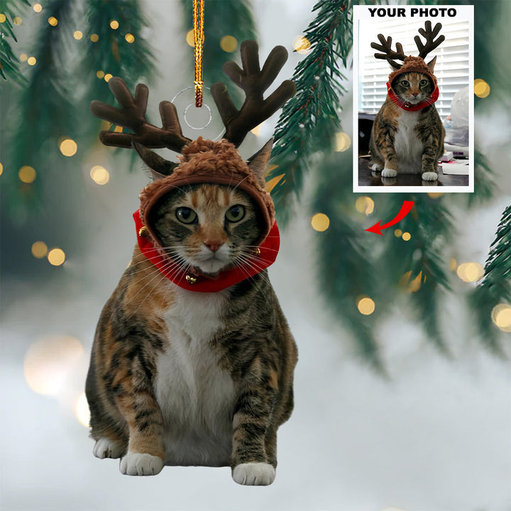 Reindeer Cat - Personalized Photo Mica Ornament - Gift For Cat Lovers, Pet Lovers, Cat Mom, Cat Dad