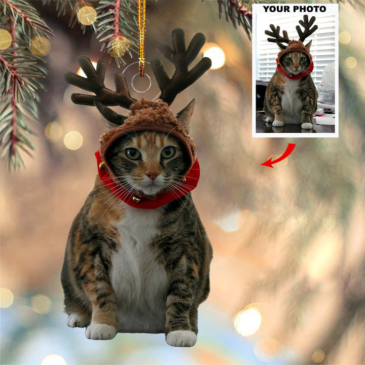 Reindeer Cat - Personalized Photo Mica Ornament - Gift For Cat Lovers, Pet Lovers, Cat Mom, Cat Dad