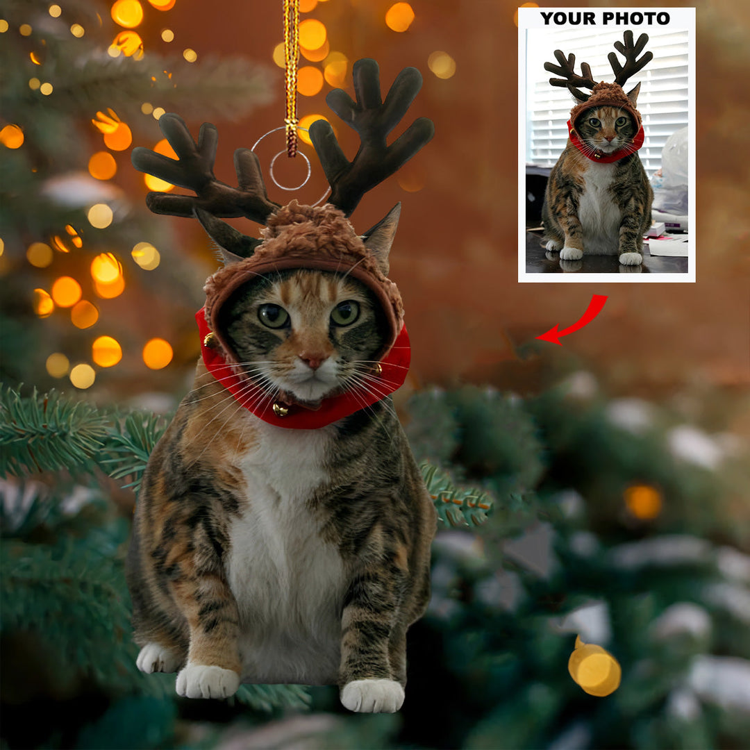 Reindeer Cat - Personalized Photo Mica Ornament - Gift For Cat Lovers, Pet Lovers, Cat Mom, Cat Dad