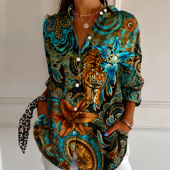 Sapphire Tiger Bloom Women's Plus Size Casual Shirt Long Sleeve NCU0PT181