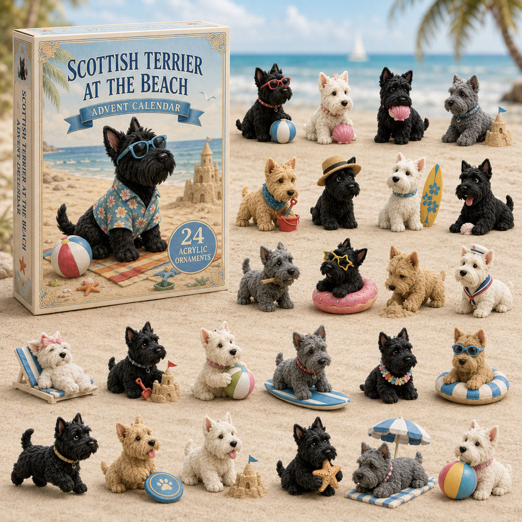 CHRISTMAS KICKOFF 40% OFF - Scottish Terrier Beach Advent Calendar 2026 - 24-Day Festive Countdown, Acrylic Charms Blind Box - Gift For Dog Lovers AC0TM259