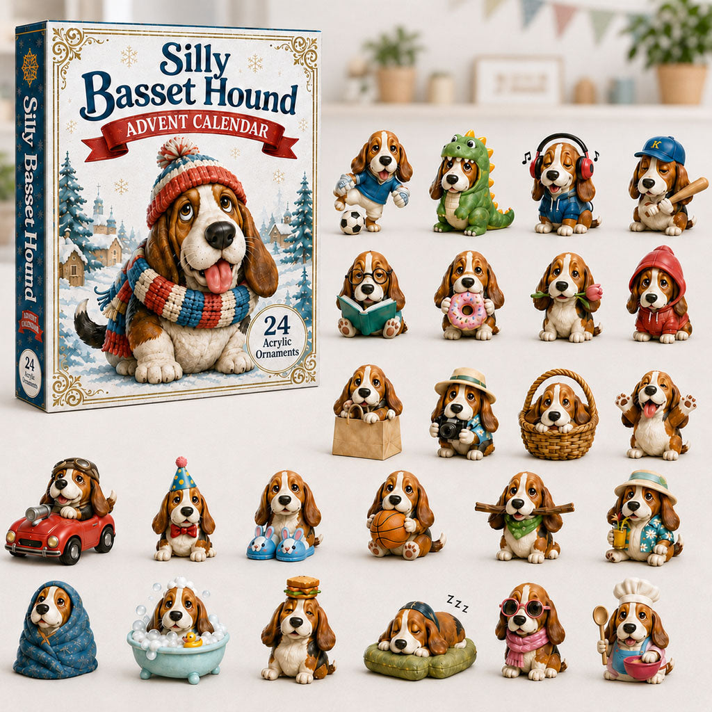 CHRISTMAS KICKOFF 40% OFF - Silly Basset Hound Advent Calendar 2026 - 24-Day Festive Countdown, Acrylic Charms Blind Box - Gift For Basset Hound Lovers AC0NT014