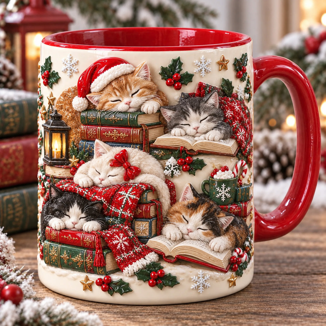 Sleepy Cat Tales Christmas 3D Effect Printed Accent Mug NCU0HT204