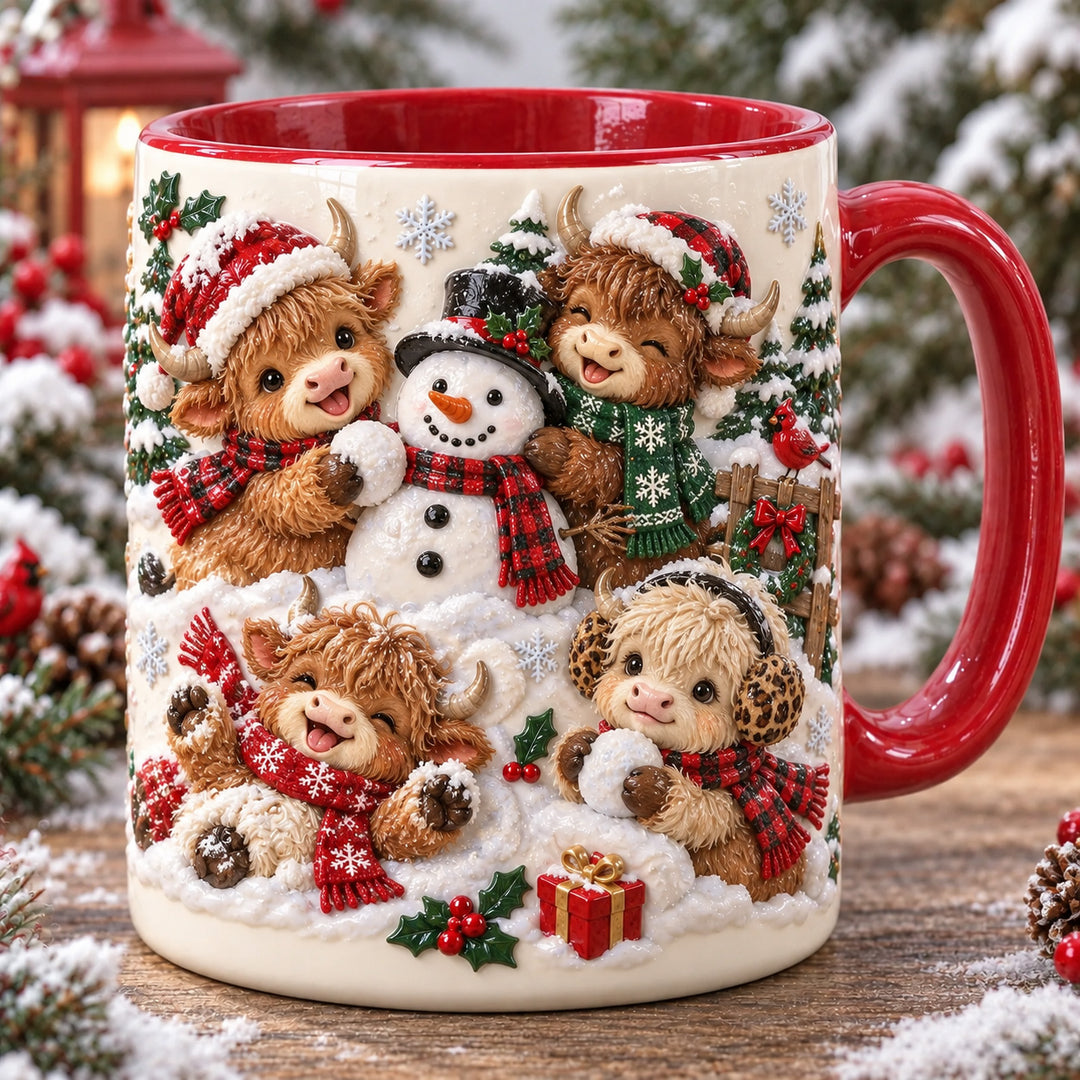 Snowy Highland Cows Christmas 3D Effect Printed Accent Mug NCU0HT219