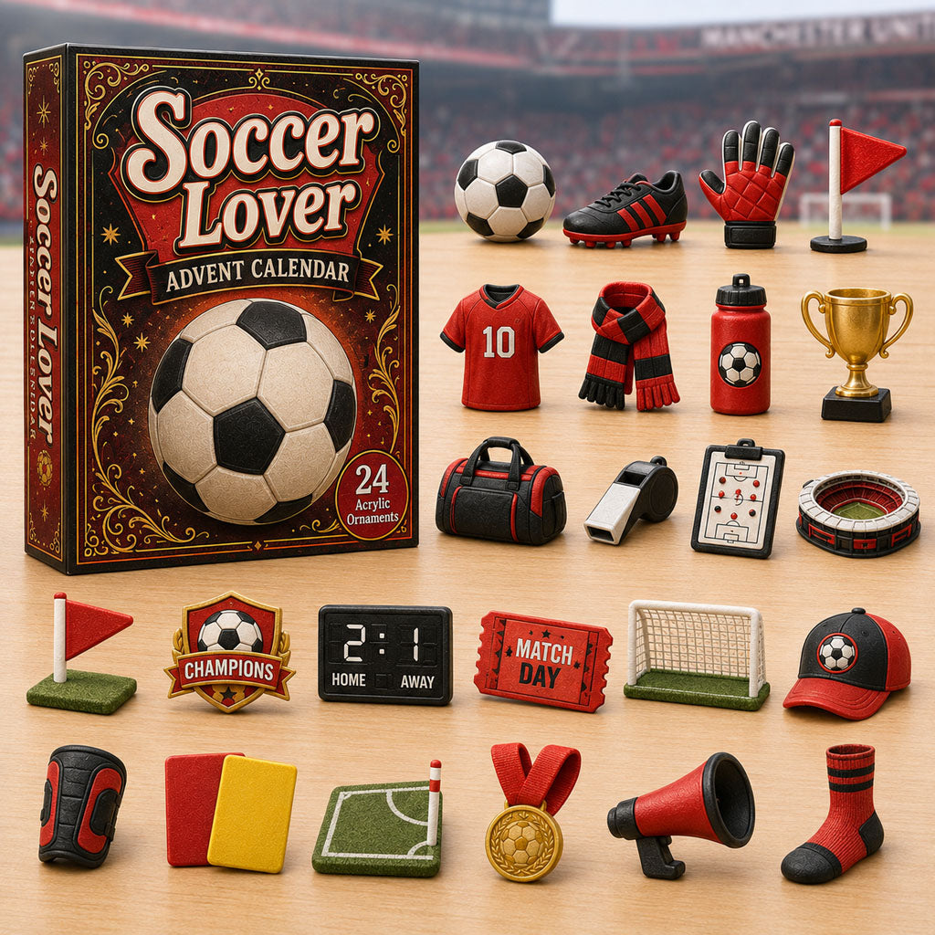 CHRISTMAS KICKOFF 40% OFF - Soccer Theme Red Advent Calendar 2026 - 24-Day Festive Countdown, Acrylic Charms Blind Box - Gift For Soccer Lovers