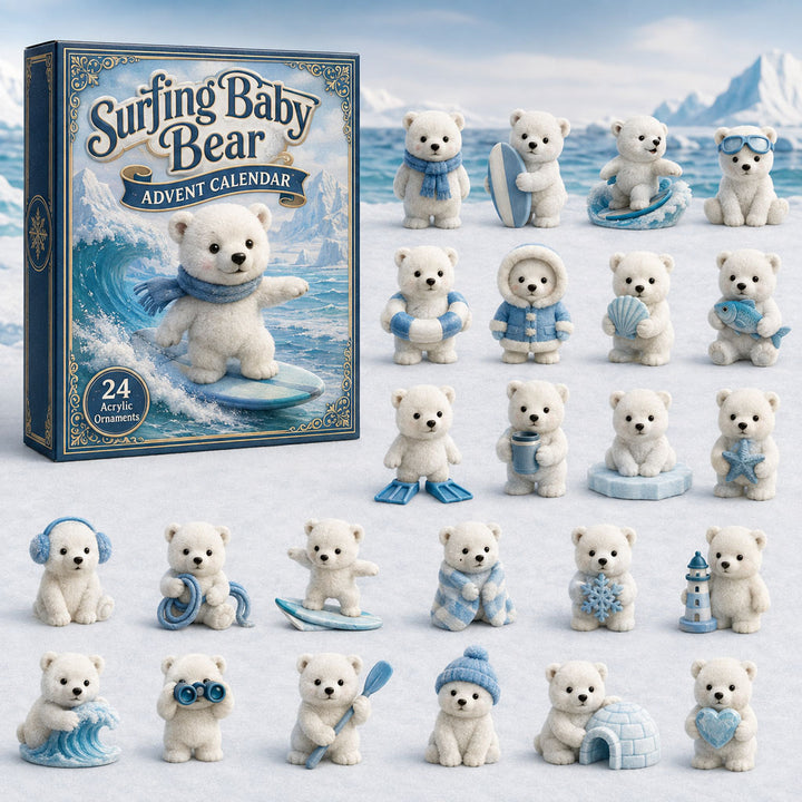CHRISTMAS KICKOFF 40% OFF - Surfing Baby Polar Bear Advent Calendar 2026 - 24-Day Festive Countdown, Acrylic Charms Blind Box - Gift For Bear Lovers AC0HA085