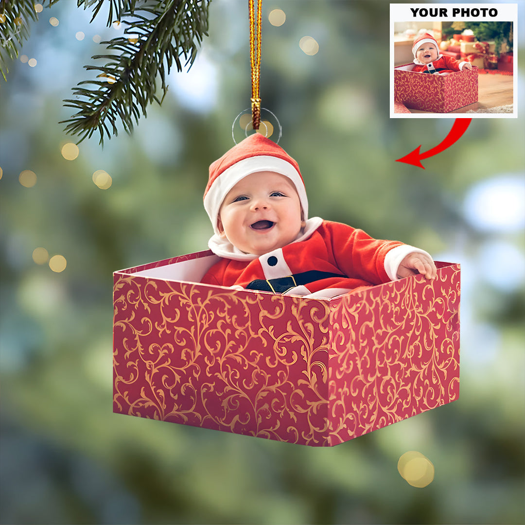 Baby Santa Gift Box - Personalized Photo Mica Ornament - Christmas Gift For Family Members, New Mom, New Dad