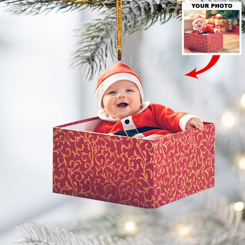 Baby Santa Gift Box - Personalized Photo Mica Ornament - Christmas Gift For Family Members, New Mom, New Dad