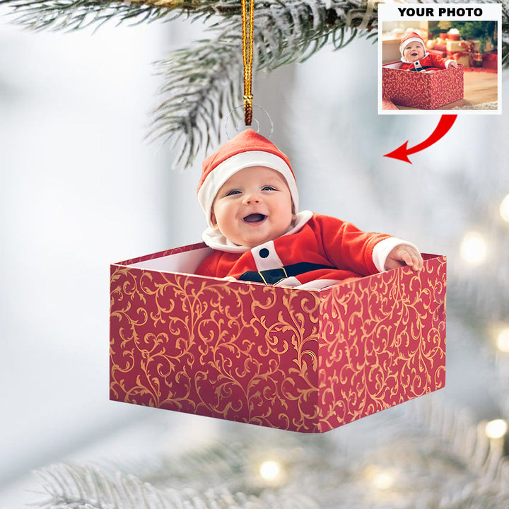 Baby Santa Gift Box - Personalized Photo Mica Ornament - Christmas Gift For Family Members, New Mom, New Dad