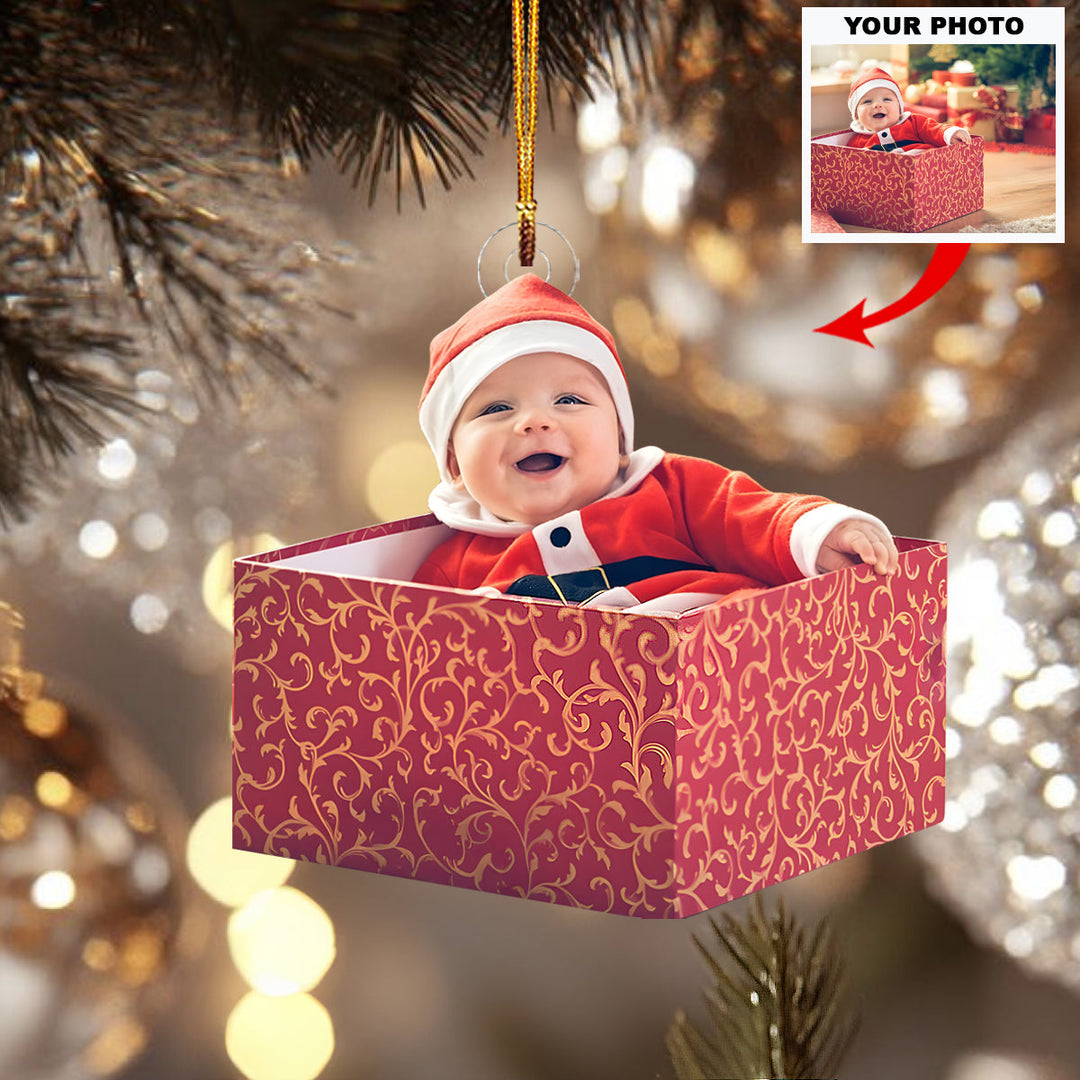 Baby Santa Gift Box - Personalized Photo Mica Ornament - Christmas Gift For Family Members, New Mom, New Dad