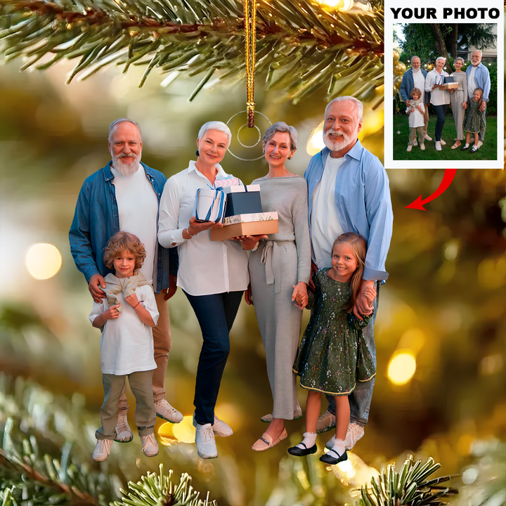Family Celebration with Gifts - Personalized Photo Mica Ornament - Christmas Gift For Family Members