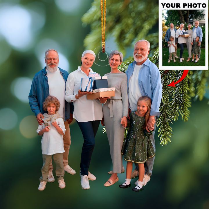 Family Celebration with Gifts - Personalized Photo Mica Ornament - Christmas Gift For Family Members