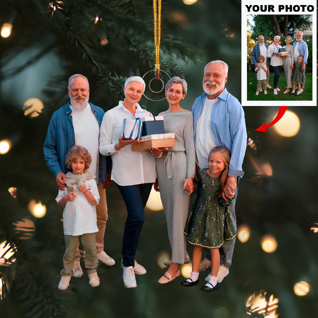 Family Celebration with Gifts - Personalized Photo Mica Ornament - Christmas Gift For Family Members