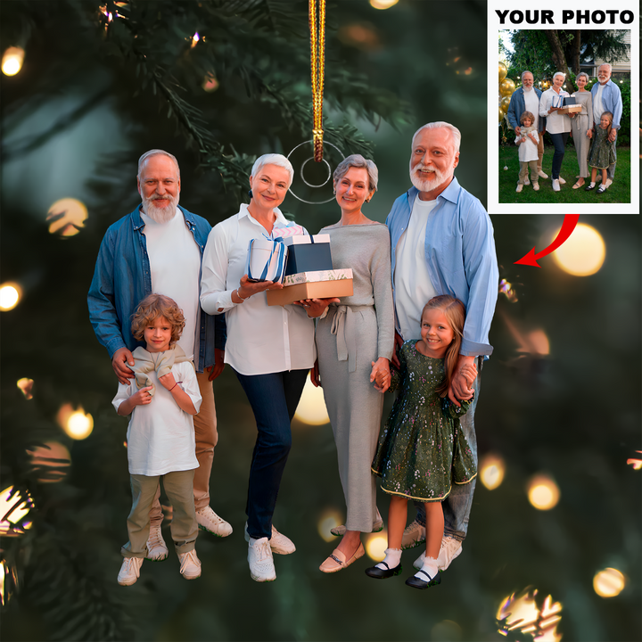 Family Celebration with Gifts - Personalized Photo Mica Ornament - Christmas Gift For Family Members